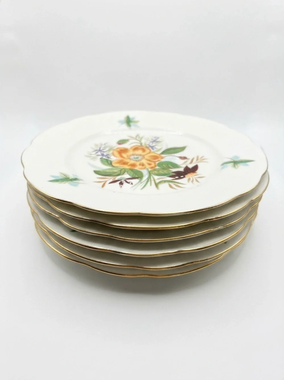 7.5” Vintage Ćmielów Poland Porcelain Floral Dessert Plates (Set of 5) Gold Rim